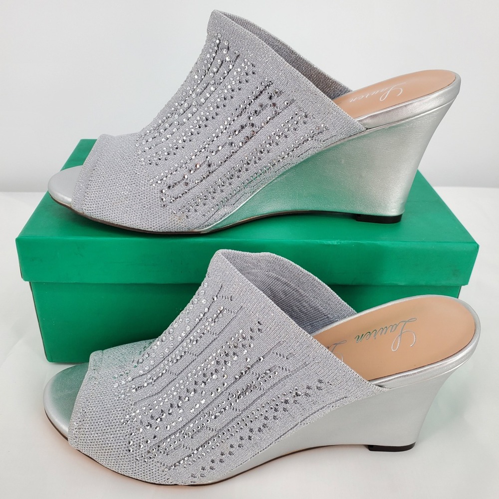 Lauren Lorraine Martha Silver Rhinestone Wedge Mules Peep Toe Sandals Womens 10